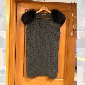 PRADA Grey Cable Knit Sweater Vest with Fur shoulder trim